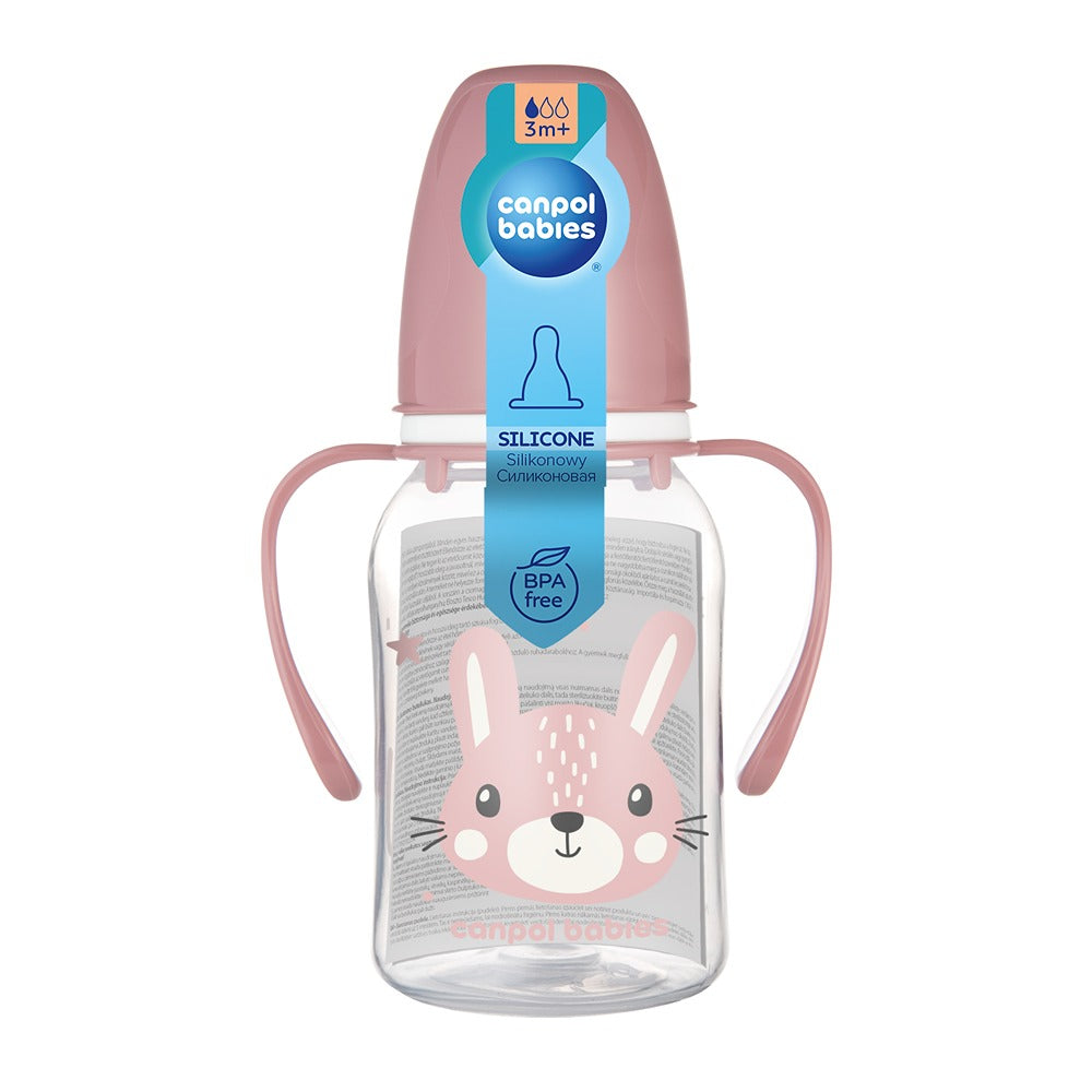 Biberon a Collo Stretto con Manici 120 ml Cute Animals Rosa