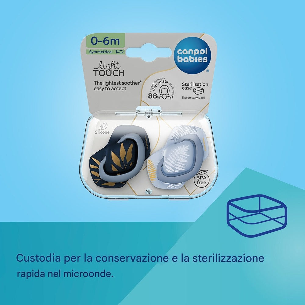 Sucette silicone Light Touch 0-6 mois symétrique or bleu 2 pièces