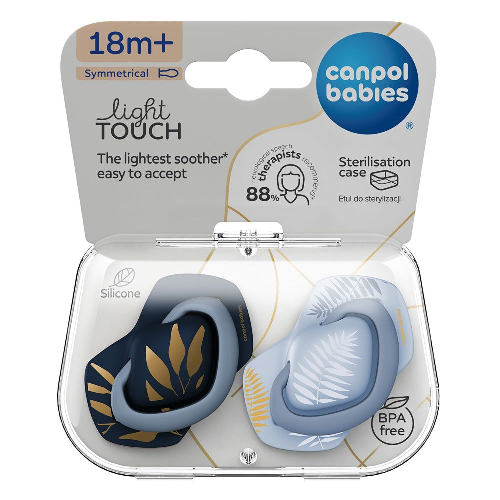 Sucette en silicone Light Touch 18 mois et plus symétrique or bleu 2 pièces