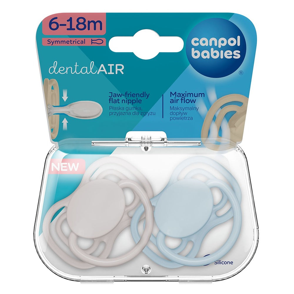 Sucette symétrique en silicone DentalAir 6-18 mois, bleu nude, lot de 2