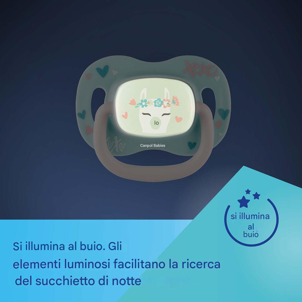 Ciuccio Simmetrico in Silicone Exotic Anilmals Glow Lama 18+ Mesi