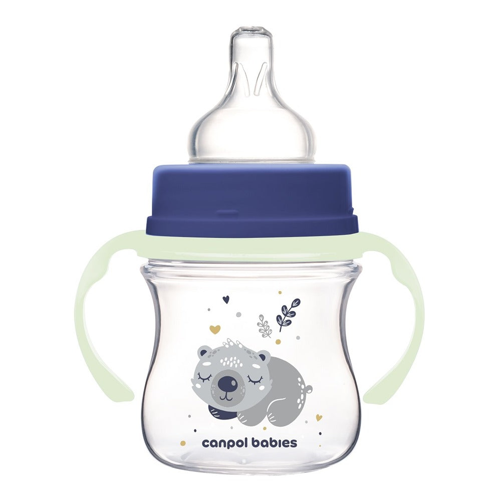 Biberón anticólicos Sleepy Koala EasyStart de 120 ml con cuello ancho y asas de PP brillantes, color azul