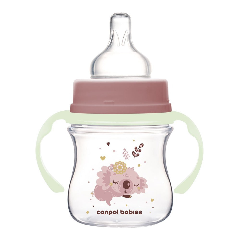 Biberón anticólicos Sleepy Koala rosa de cuello ancho con asas de PP brillantes EasyStart 120 ml