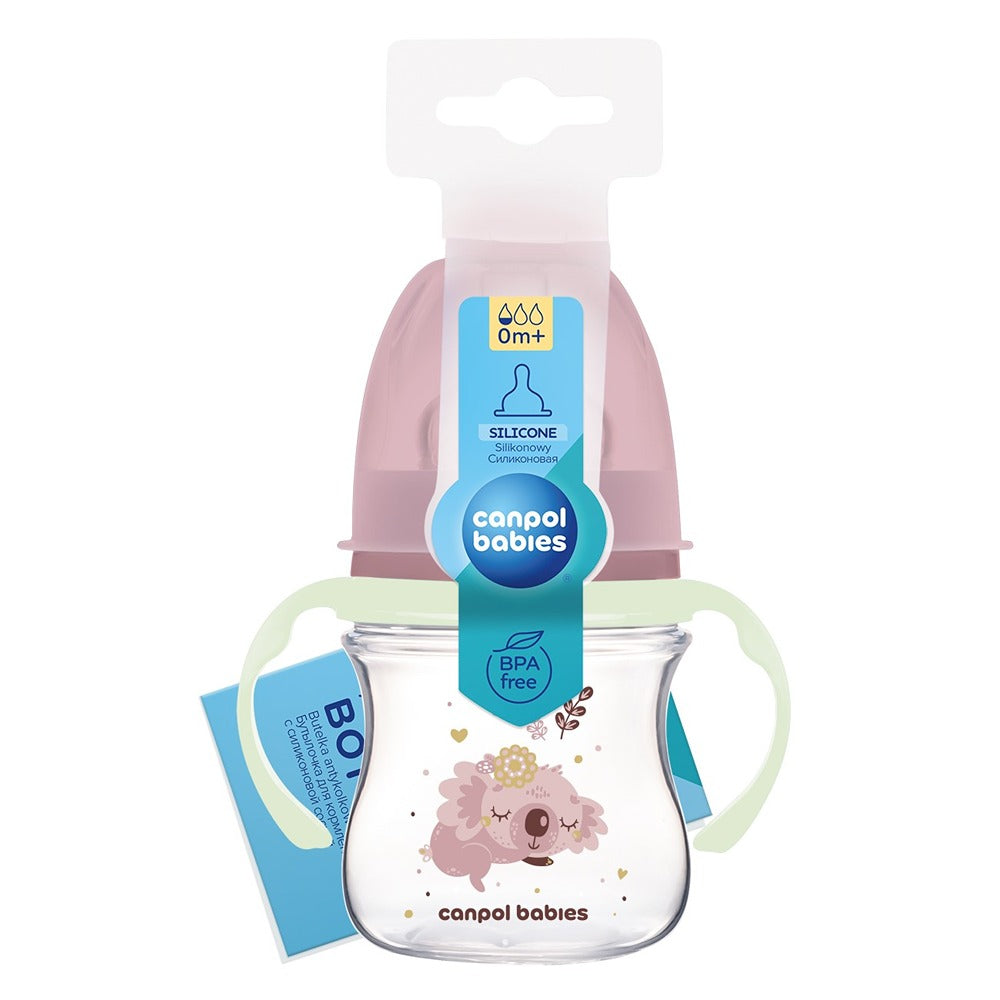 Biberón anticólicos Sleepy Koala rosa de cuello ancho con asas de PP brillantes EasyStart 120 ml