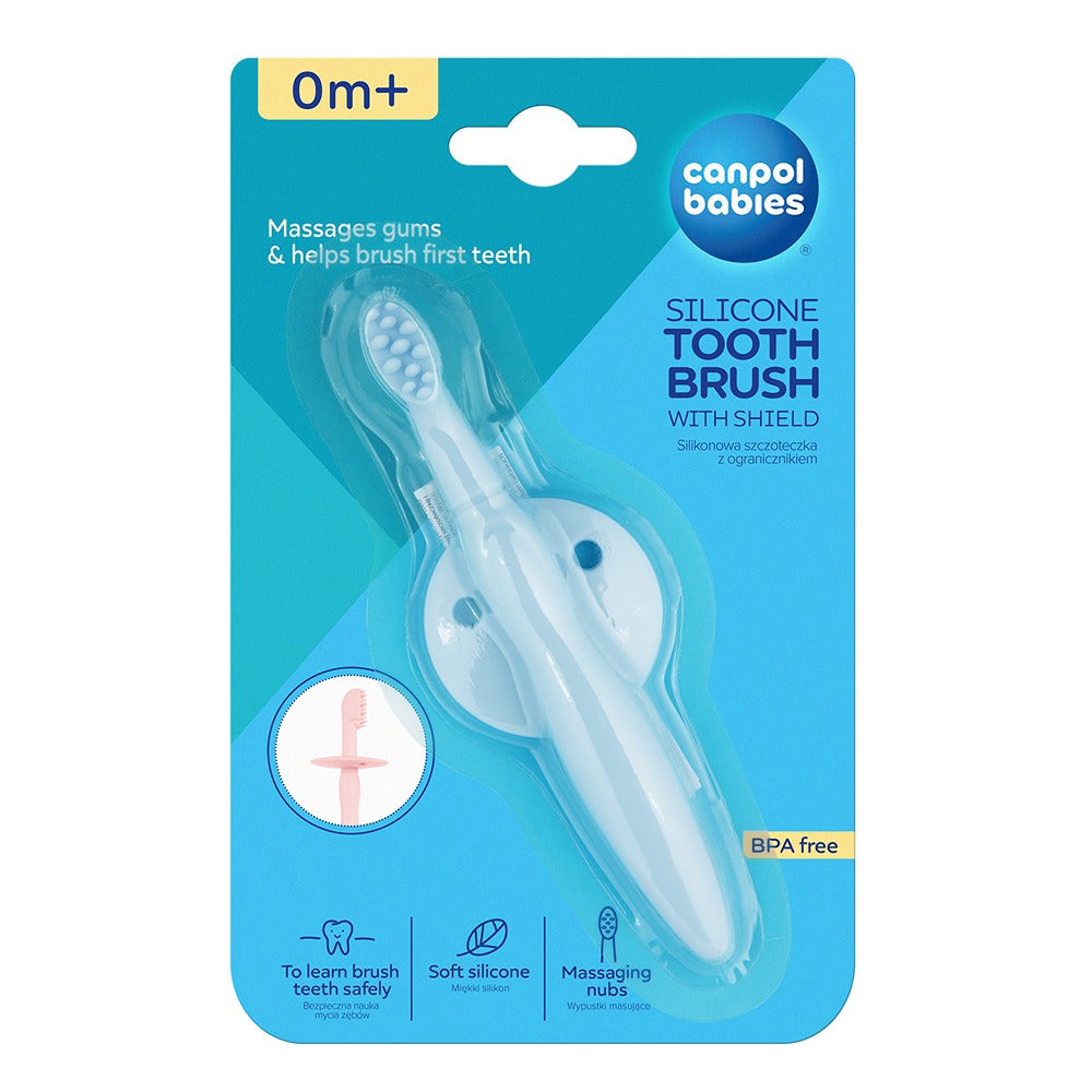 Cepillo de dientes de silicona con mordedor y protección para encías y primeros dientes, azul