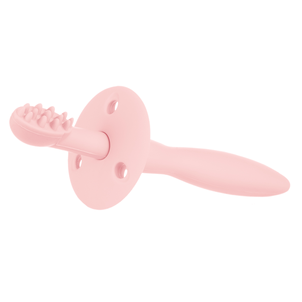 Cepillo de dientes de silicona con mordedor y protección para encías y primeros dientes, color rosa