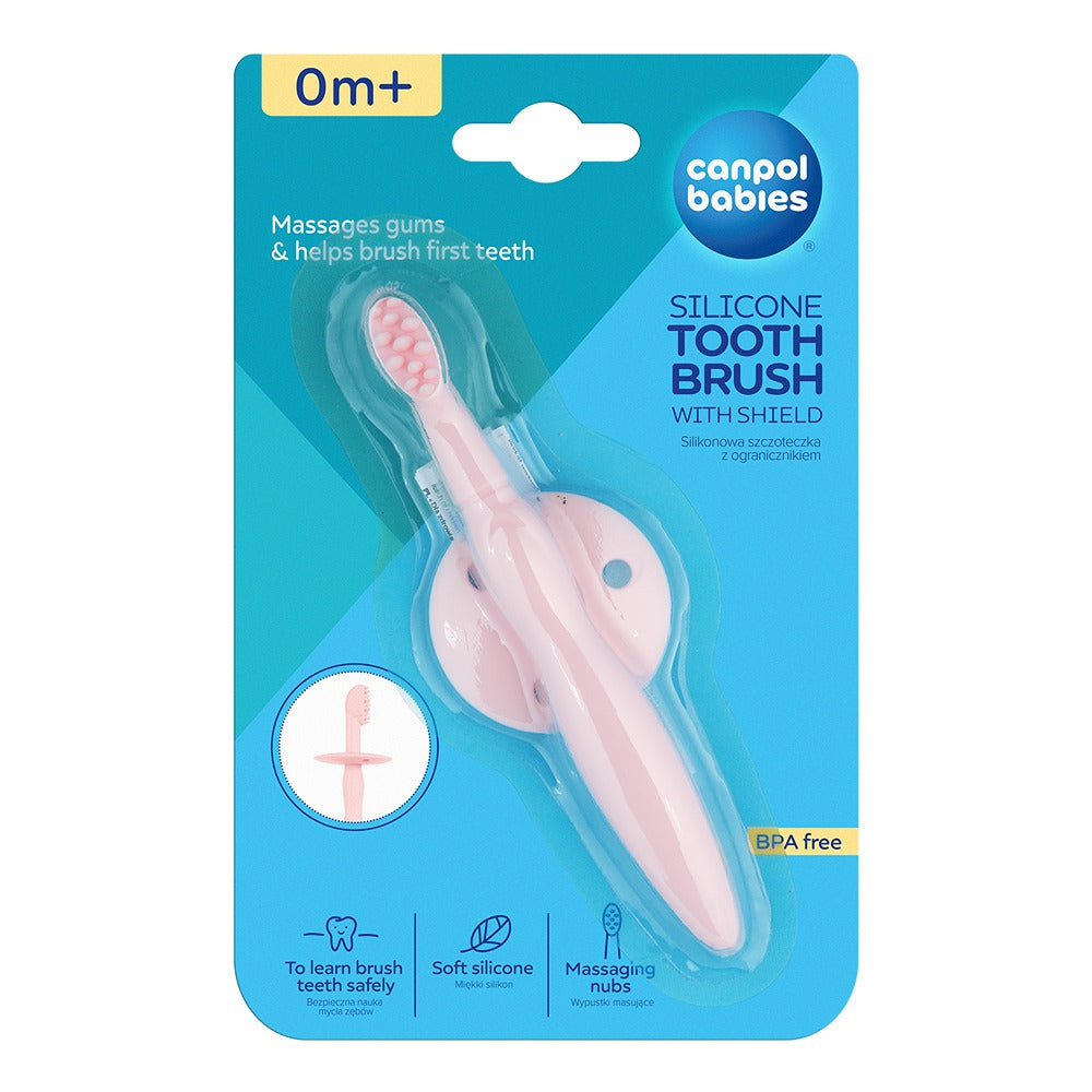 Cepillo de dientes de silicona con mordedor y protección para encías y primeros dientes, color rosa