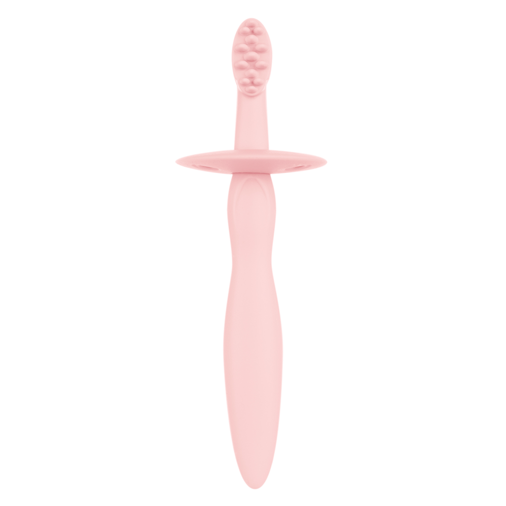 Cepillo de dientes de silicona con mordedor y protección para encías y primeros dientes, color rosa