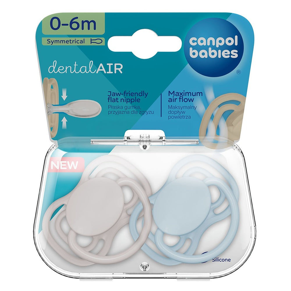 Sucette symétrique DentalAir en silicone 0-6 mois, bleu nude, lot de 2