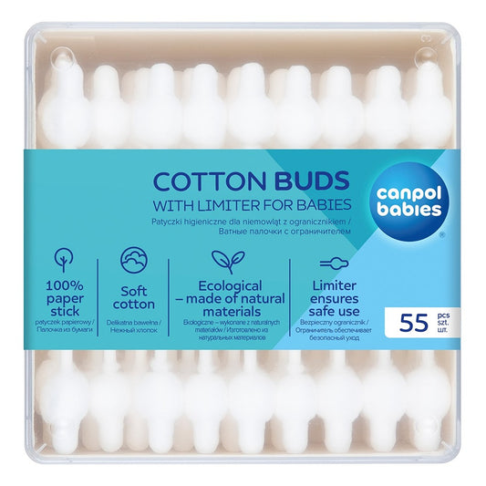 Bastoncini di Cotone Sicuri con Limitatore per Neonati 55 Pezzi.
