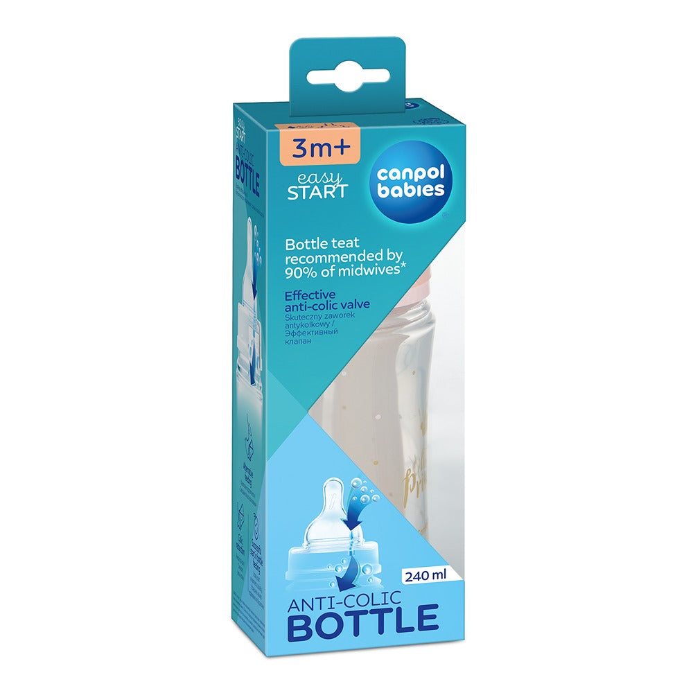 Biberón anticólicos Royal Baby Easy Start de cuello ancho, 240 ml, PP, rosa