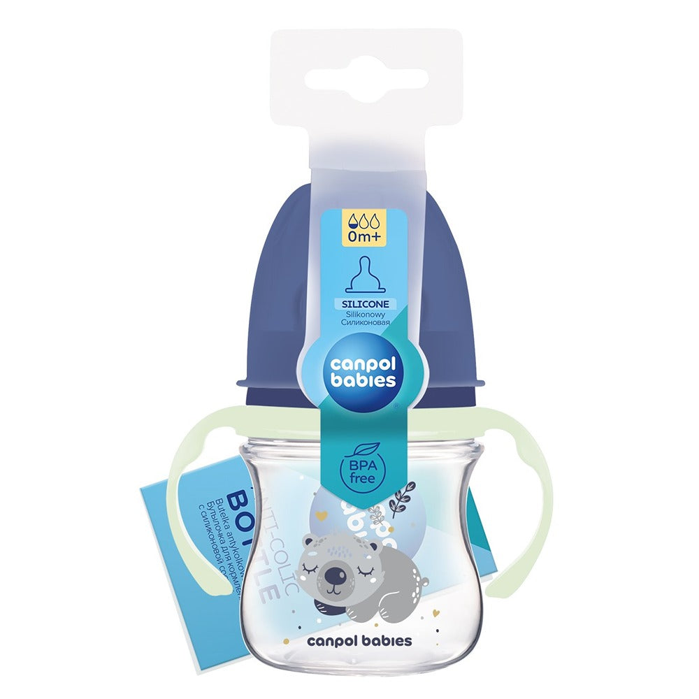 Biberon anti-colique Sleepy Koala EasyStart 120 ml à col large avec poignées en PP brillant, bleu