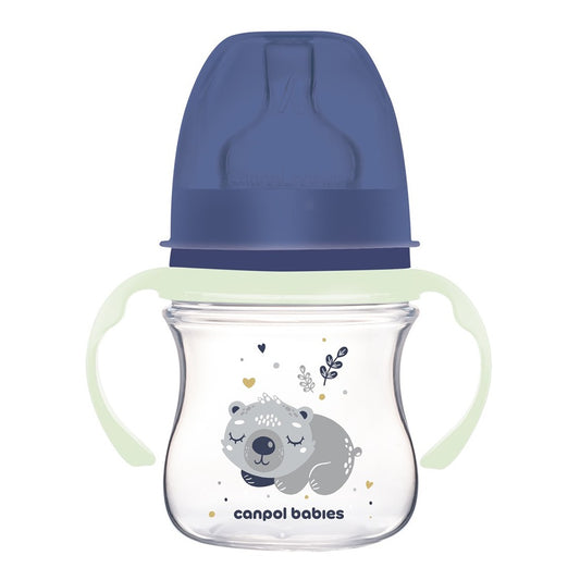 Biberon Anti-colica a Collo Largo con Manici Luminosi in PP EasyStart 120 ml Sleepy Koala Blu