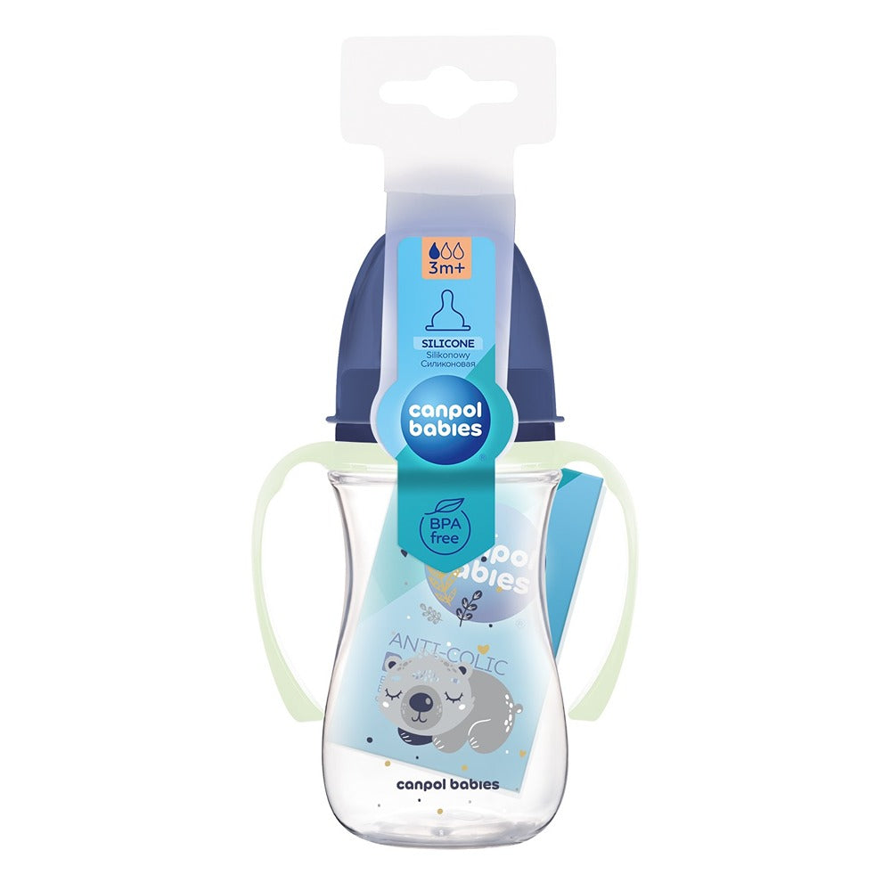Biberon anti-colique Sleepy Koala EasyStart 240 ml à col large avec poignées en PP brillant, bleu