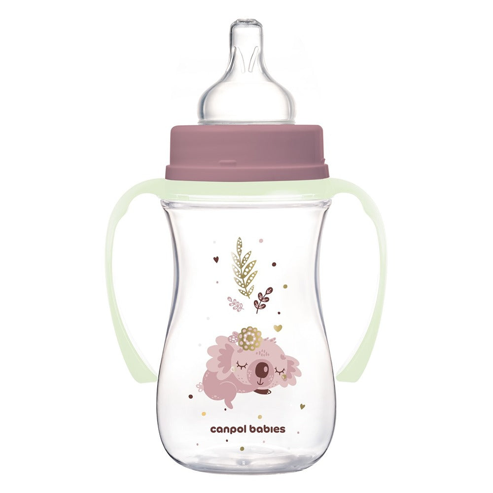Biberón anticólicos Sleepy Koala rosa de cuello ancho con asas de PP brillantes EasyStart 240 ml