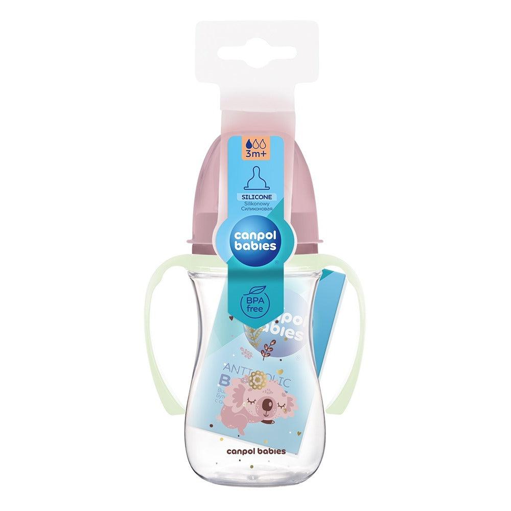 Biberón anticólicos Sleepy Koala rosa de cuello ancho con asas de PP brillantes EasyStart 240 ml