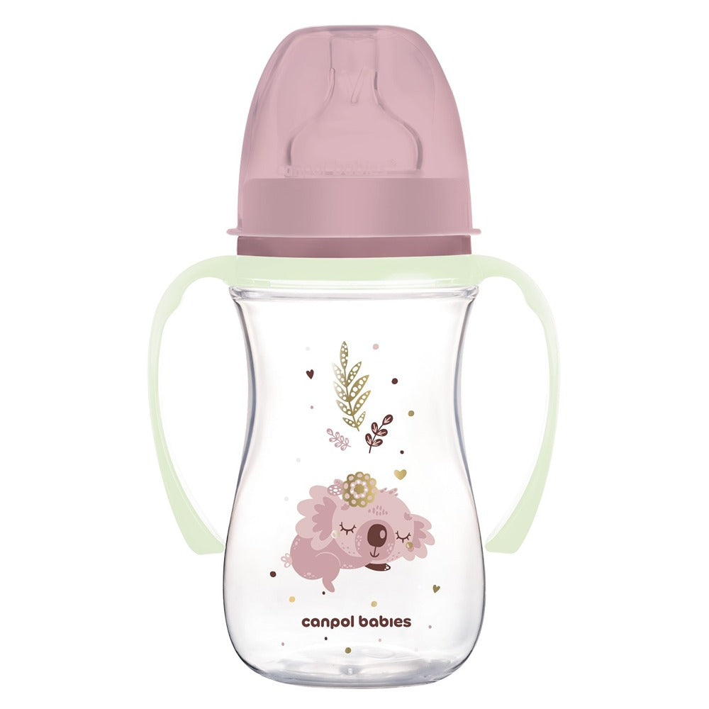 Biberón anticólicos Sleepy Koala rosa de cuello ancho con asas de PP brillantes EasyStart 240 ml