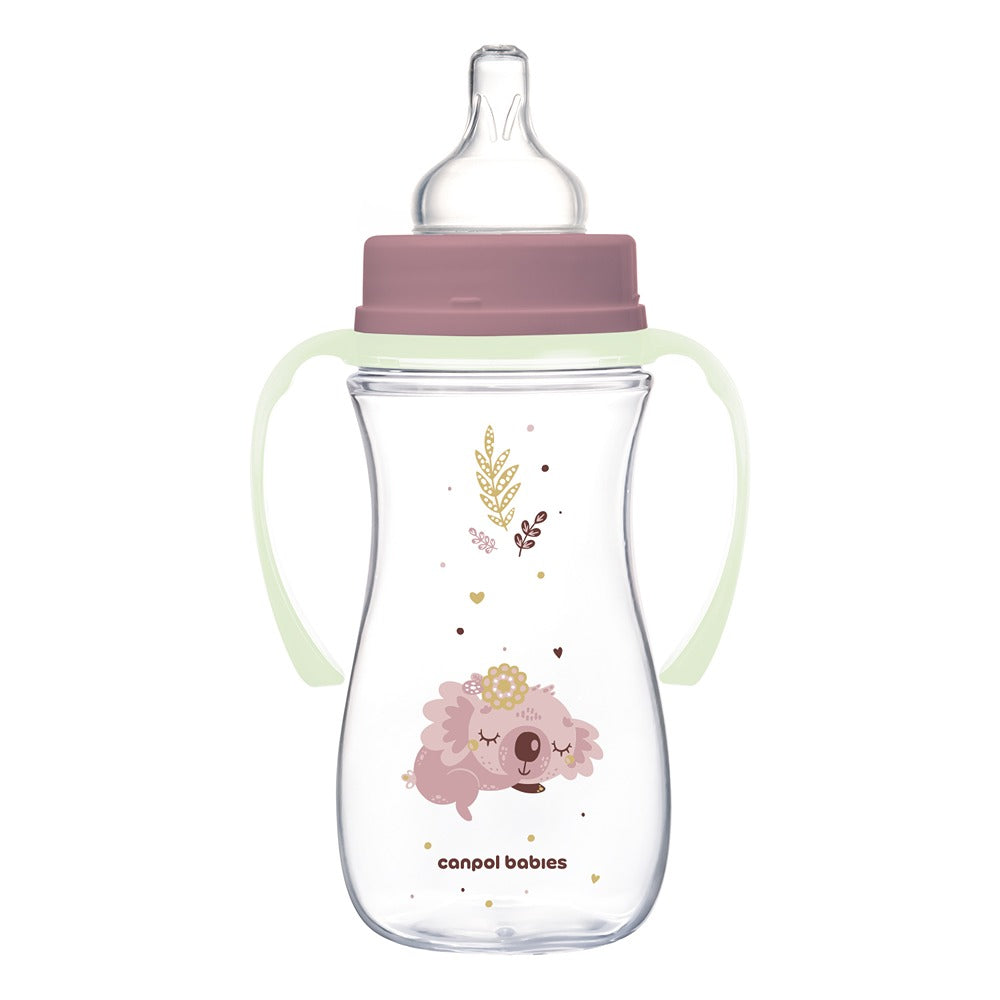 Biberón anticólicos Sleepy Koala rosa de cuello ancho con asas de PP brillantes EasyStart 300 ml