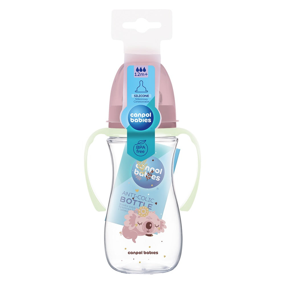 Biberón anticólicos Sleepy Koala rosa de cuello ancho con asas de PP brillantes EasyStart 300 ml