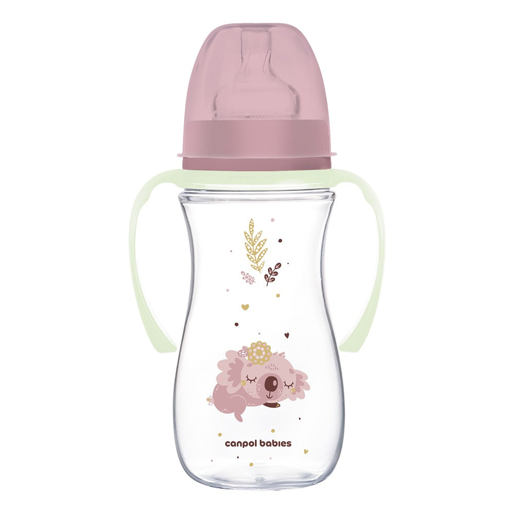 Biberón anticólicos Sleepy Koala rosa de cuello ancho con asas de PP brillantes EasyStart 300 ml