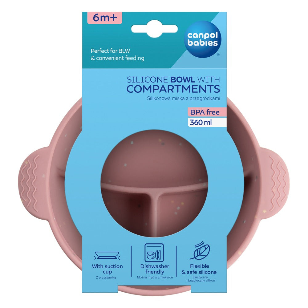 Cuenco de silicona de 3 compartimentos con ventosa de 360 ​​ml rosa