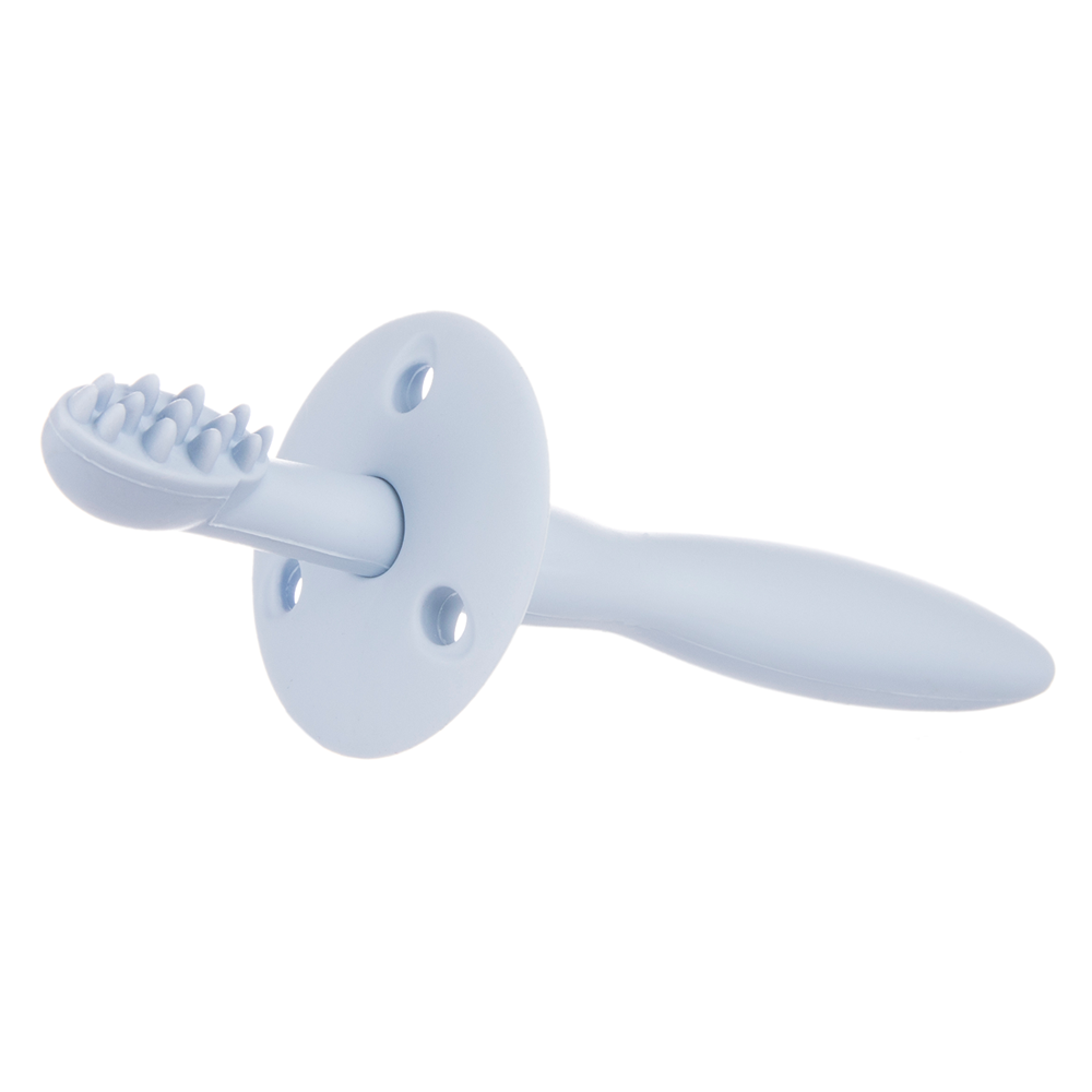 Cepillo de dientes de silicona con mordedor y protección para encías y primeros dientes, azul