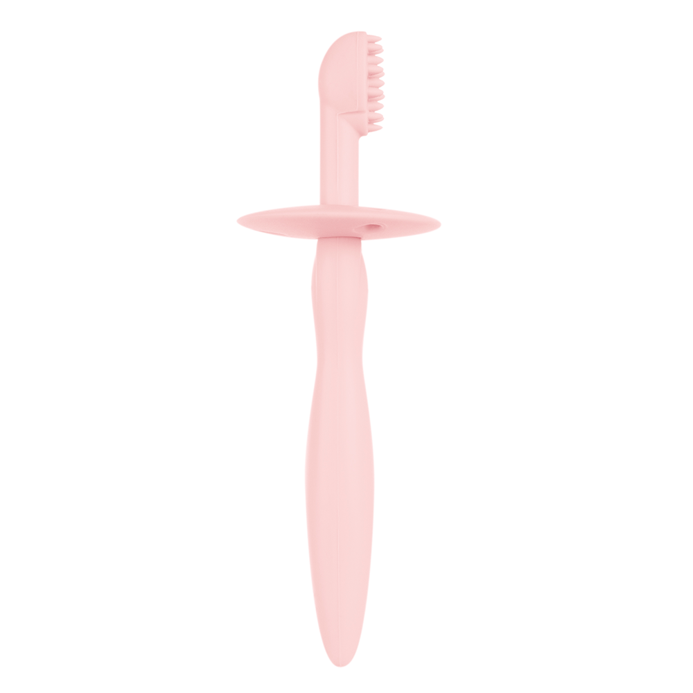 Brosse à dents en silicone avec anneau de dentition et protection pour les gencives et les premières dents, rose
